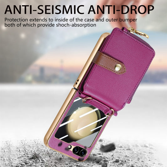 For Samsung Galaxy Z Flip5 5G Crossbody Litchi Electroplated Case-film Integrated Zipper Wallet Phone Case(Purple) - Galaxy Z Flip5 Cases by buy2fix | Online Shopping UK | buy2fix