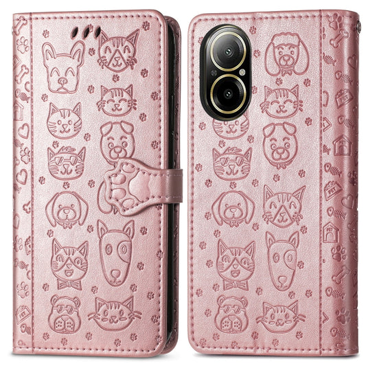 For Realme C67 4G Cat and Dog Embossed Leather Phone Case(Rose Gold) by buy2fix