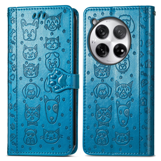 For OnePlus 12 Cat and Dog Embossed Leather Phone Case(Blue) by buy2fix