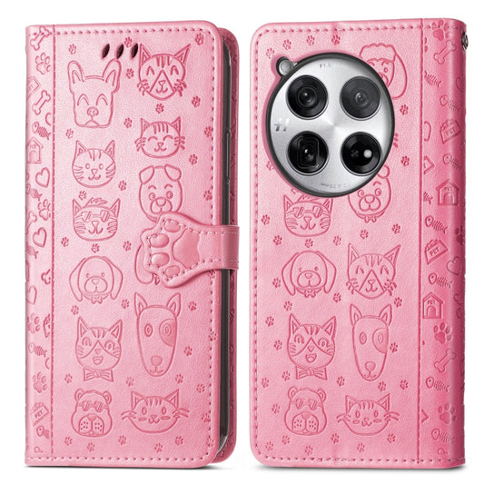 For OnePlus 12 Cat and Dog Embossed Leather Phone Case(Pink) by buy2fix