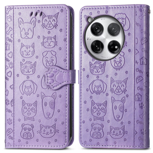 For OnePlus 12 Cat and Dog Embossed Leather Phone Case(Purple) by buy2fix