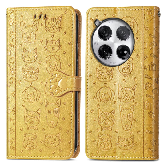 For OnePlus 12 Cat and Dog Embossed Leather Phone Case(Yellow) by buy2fix