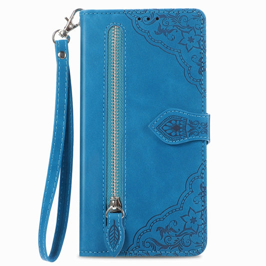 For Motorola Edge 2024 Embossed Flower Zipper Leather Phone Case(Blue) by buy2fix