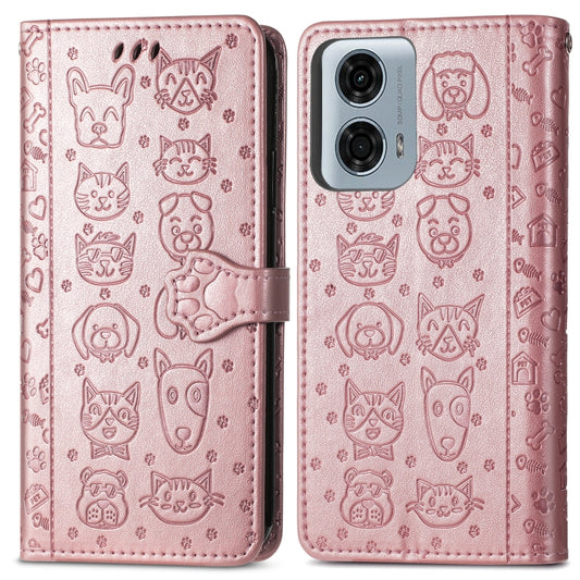 For Motorola Moto G24 Power Cat and Dog Embossed Leather Phone Case(Rose Gold) by buy2fix