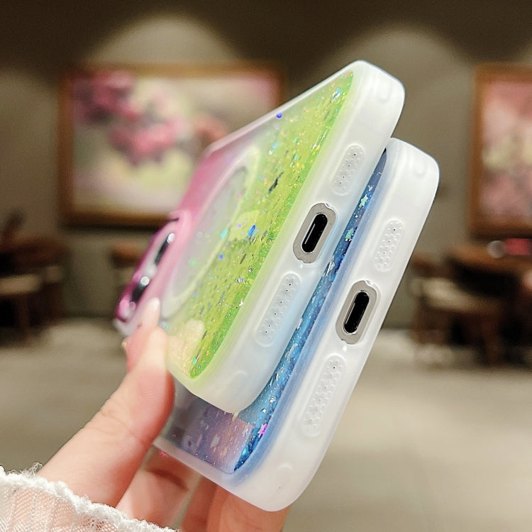 For iPhone 15 Pro Multicolor Gradient Glitter Sequin MagSafe TPU Phone Case(Orange+Purple) by buy2fix