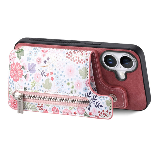 For iPhone 16 Plus Retro Painted Zipper Wallet Back Phone Case(Pink) by buy2fix