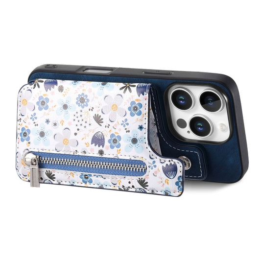 For iPhone 16 Pro Max Retro Painted Zipper Wallet Back Phone Case(Blue) by buy2fix