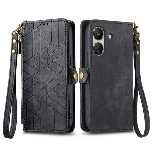 For Xiaomi Redmi 13C Geometric Zipper Wallet Side Buckle Leather Phone Case(Black) by buy2fix