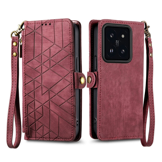 For Xiaomi 14 Geometric Zipper Wallet Side Buckle Leather Phone Case(Red) by buy2fix
