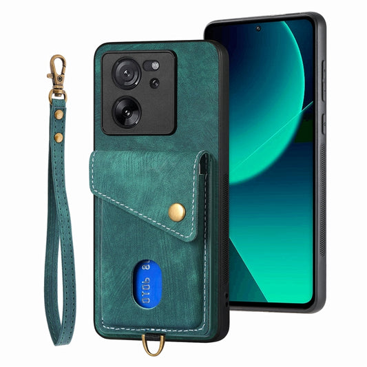 For Xiaomi 13T / 13T Pro Retro Card Wallet Fold Leather Phone Case with Strap(Green) by buy2fix