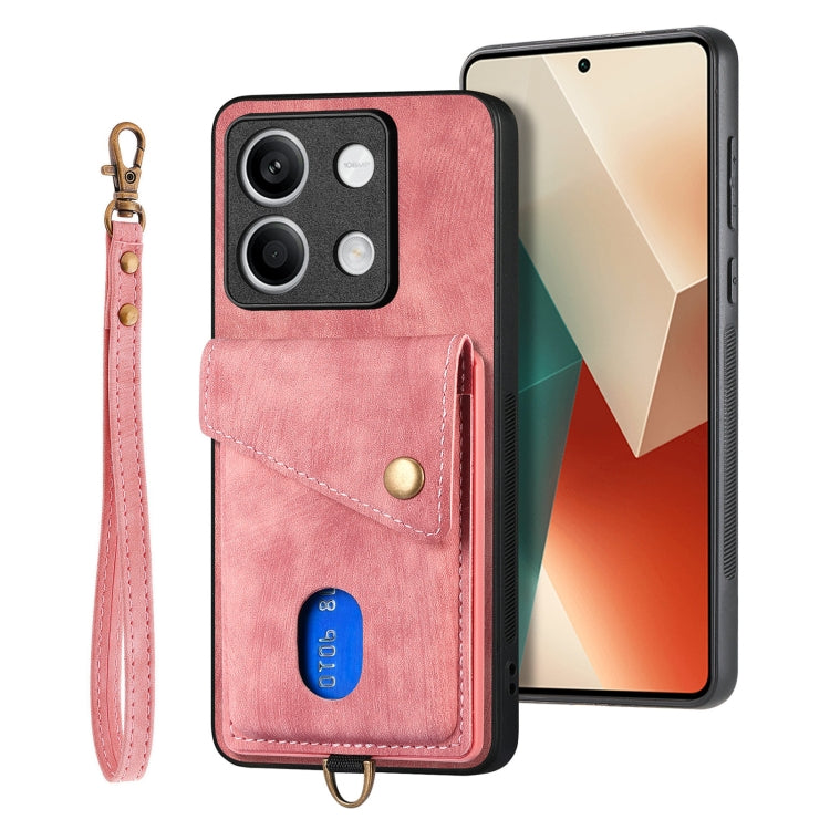 For Xiaomi Redmi Note 13 5G Retro Card Wallet Fold Leather Phone Case with Strap(Pink) - Xiaomi Cases by buy2fix | Online Shopping UK | buy2fix