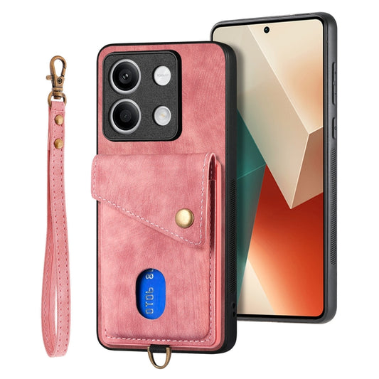 For Xiaomi Redmi Note 13 5G Retro Card Wallet Fold Leather Phone Case with Strap(Pink) by buy2fix