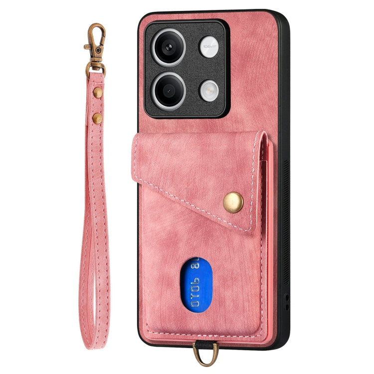 For Xiaomi Redmi Note 13 5G Retro Card Wallet Fold Leather Phone Case with Strap(Pink) - Xiaomi Cases by buy2fix | Online Shopping UK | buy2fix