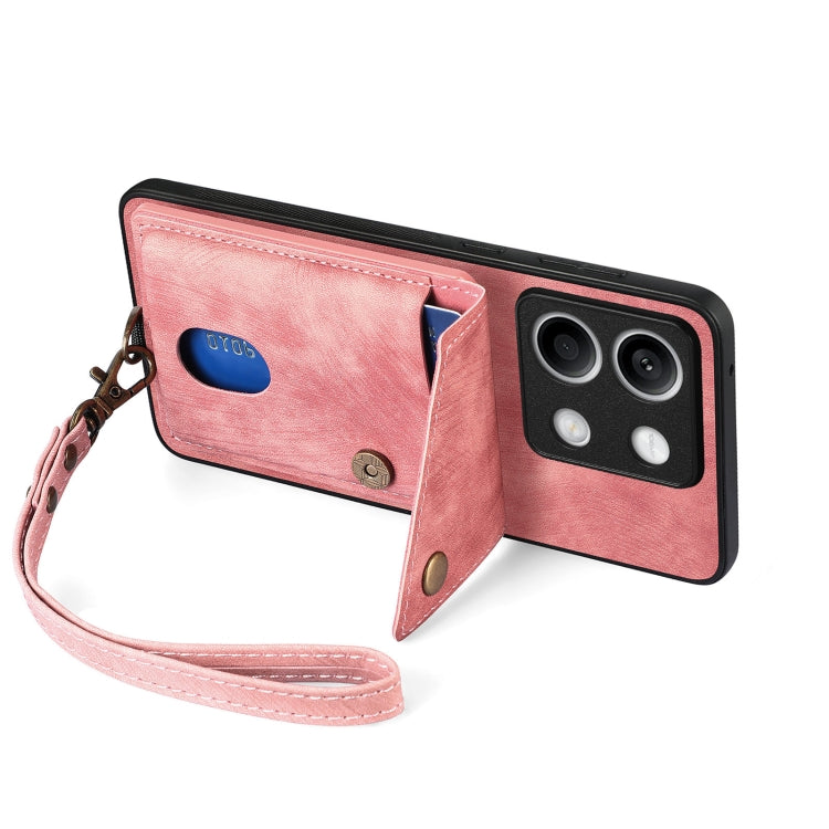 For Xiaomi Redmi Note 13 5G Retro Card Wallet Fold Leather Phone Case with Strap(Pink) - Xiaomi Cases by buy2fix | Online Shopping UK | buy2fix