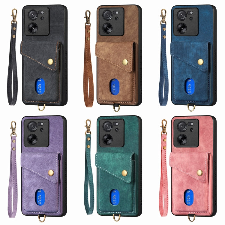 For Xiaomi 13T / 13T Pro Retro Card Wallet Fold Leather Phone Case with Strap(Green) by buy2fix