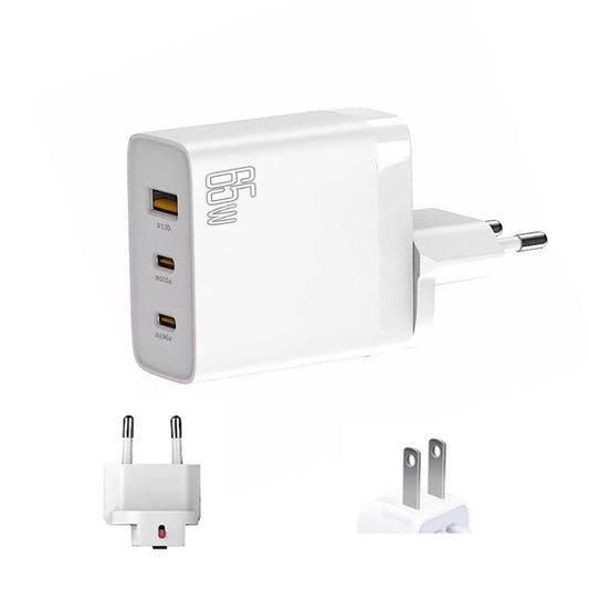 GAN 65W PD45W Dual Type-C / QC3.0 USB Multi Compatible Charger + 2m USB-C to USB-C Data Cable EU + US Plug White by buy2fix