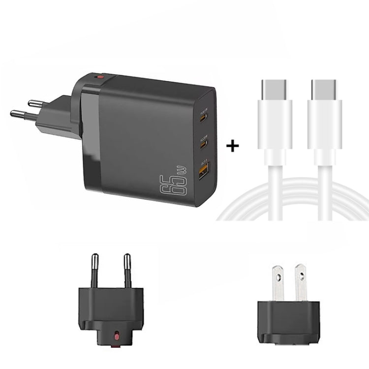 GAN 65W PD45W Dual Type-C / QC3.0 USB Multi Compatible Charger + 2m USB-C to USB-C Data Cable EU + US Plug Black - Cable & Adapter by buy2fix | Online Shopping UK | buy2fix