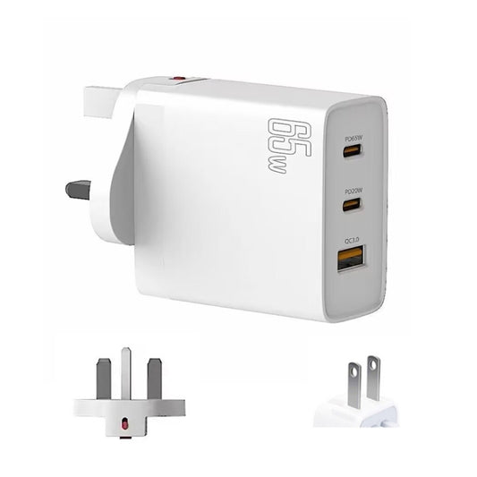 GAN 65W PD45W Dual Type-C / QC3.0 USB Multi Compatible Charger + 2m USB-C to USB-C Data Cable UK + US Plug White by buy2fix