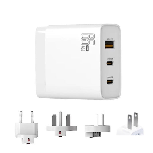 GAN 65W PD45W Dual Type-C / QC3.0 USB Multi Compatible Charger + 2m USB-C to USB-C Data Cable EU + UK + AU + US Plug White by buy2fix