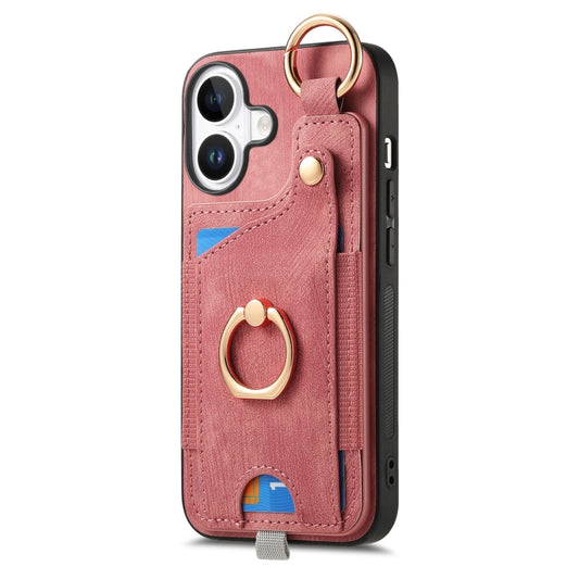 For iPhone 16 Plus Retro Skin-feel Ring Card Bag Phone Case with Hang Loop(Pink) by buy2fix