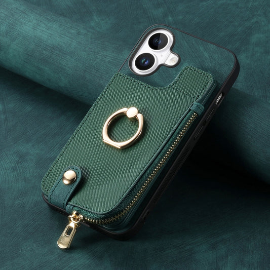 For iPhone 16 Plus Cross Leather Ring Vertical Zipper Wallet Back Phone Case(Green) - iPhone 16 Plus Cases by buy2fix | Online Shopping UK | buy2fix