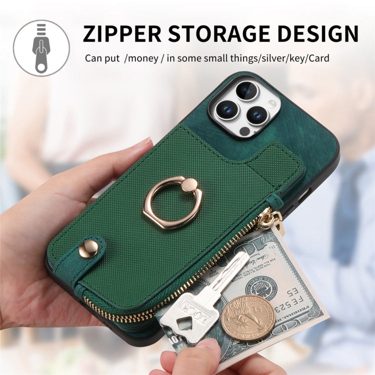 For iPhone 16 Plus Cross Leather Ring Vertical Zipper Wallet Back Phone Case(Green) - iPhone 16 Plus Cases by buy2fix | Online Shopping UK | buy2fix