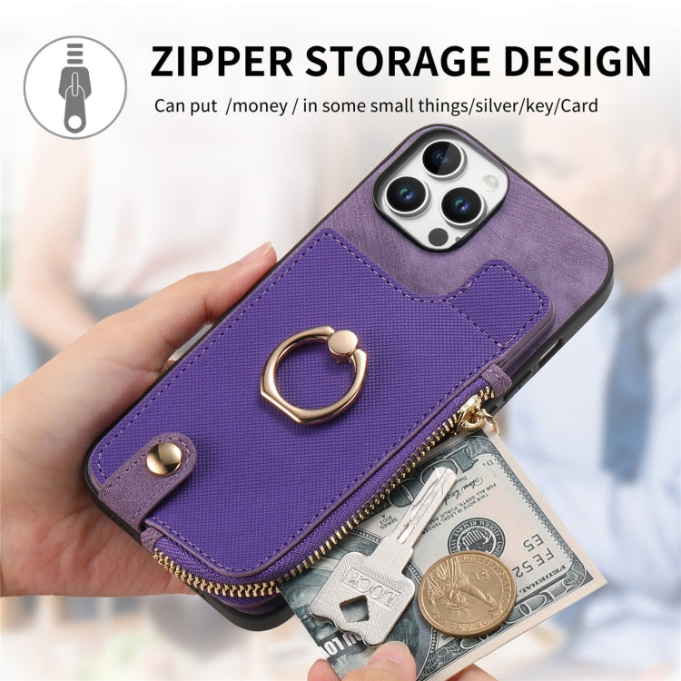 For iPhone 16 Plus Cross Leather Ring Vertical Zipper Wallet Back Phone Case(Purple) - iPhone 16 Plus Cases by buy2fix | Online Shopping UK | buy2fix