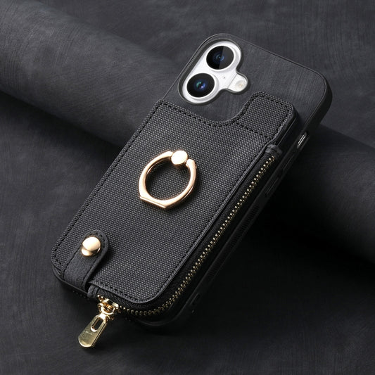 For iPhone 16 Plus Cross Leather Ring Vertical Zipper Wallet Back Phone Case(Black) - iPhone 16 Plus Cases by buy2fix | Online Shopping UK | buy2fix