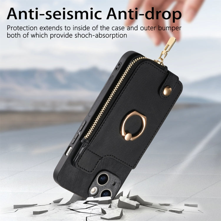 For iPhone 16 Plus Cross Leather Ring Vertical Zipper Wallet Back Phone Case(Black) - iPhone 16 Plus Cases by buy2fix | Online Shopping UK | buy2fix