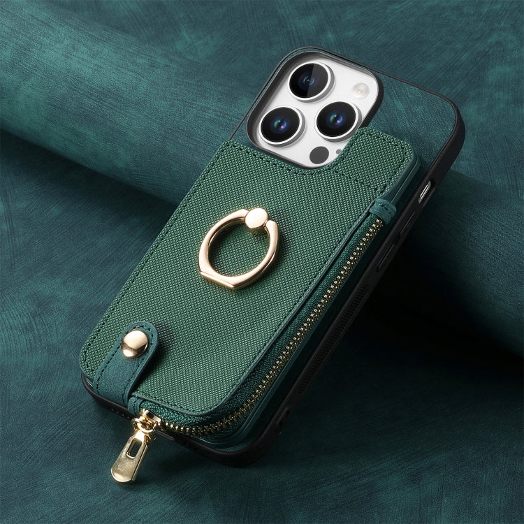 For iPhone 16 Pro Cross Leather Ring Vertical Zipper Wallet Back Phone Case(Green) - More iPhone Cases by buy2fix | Online Shopping UK | buy2fix
