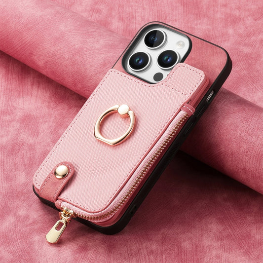 For iPhone 16 Pro Cross Leather Ring Vertical Zipper Wallet Back Phone Case(Pink) - More iPhone Cases by buy2fix | Online Shopping UK | buy2fix