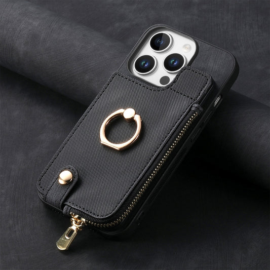 For iPhone 16 Pro Cross Leather Ring Vertical Zipper Wallet Back Phone Case(Black) - More iPhone Cases by buy2fix | Online Shopping UK | buy2fix
