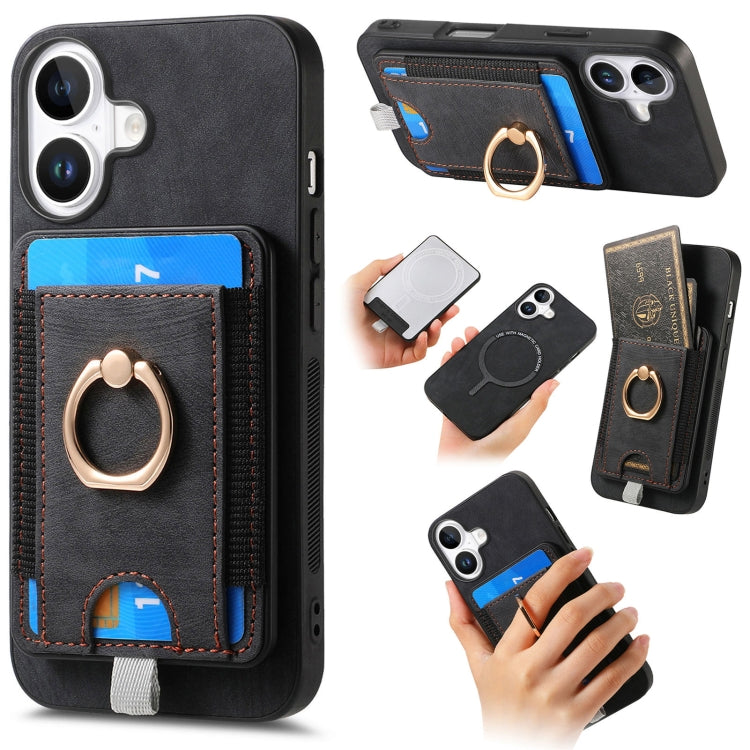 For iPhone 16 Retro Splitable Magnetic Card Bag Leather Phone Case(Black) - iPhone 16 Cases by buy2fix | Online Shopping UK | buy2fix