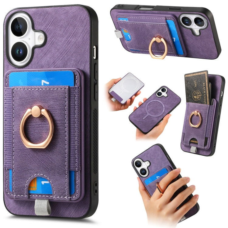 For iPhone 16 Retro Splitable Magnetic Card Bag Leather Phone Case(Purple) - iPhone 16 Cases by buy2fix | Online Shopping UK | buy2fix