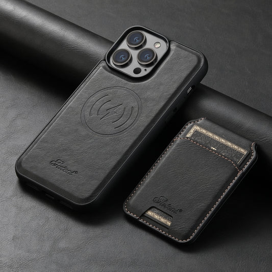 For iPhone 14 Pro Suteni H15 MagSafe Oil Eax Leather Detachable Wallet Back Phone Case(Black) by Suteni