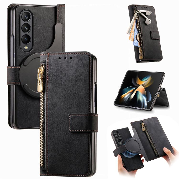 For Samsung Galaxy Z Fold4 Retro MagSafe Magnetic Zipper Wallet Leather Phone Case(Black) - Galaxy Z Fold4 5G Cases by buy2fix | Online Shopping UK | buy2fix
