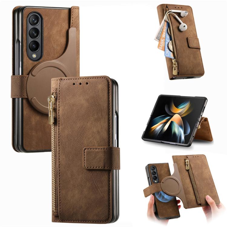 For Samsung Galaxy Z Fold4 Retro MagSafe Magnetic Zipper Wallet Leather Phone Case(Brown) - Galaxy Z Fold4 5G Cases by buy2fix | Online Shopping UK | buy2fix