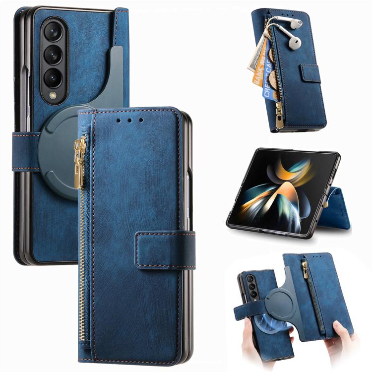 For Samsung Galaxy Z Fold4 Retro MagSafe Magnetic Zipper Wallet Leather Phone Case(Blue) - Galaxy Z Fold4 5G Cases by buy2fix | Online Shopping UK | buy2fix