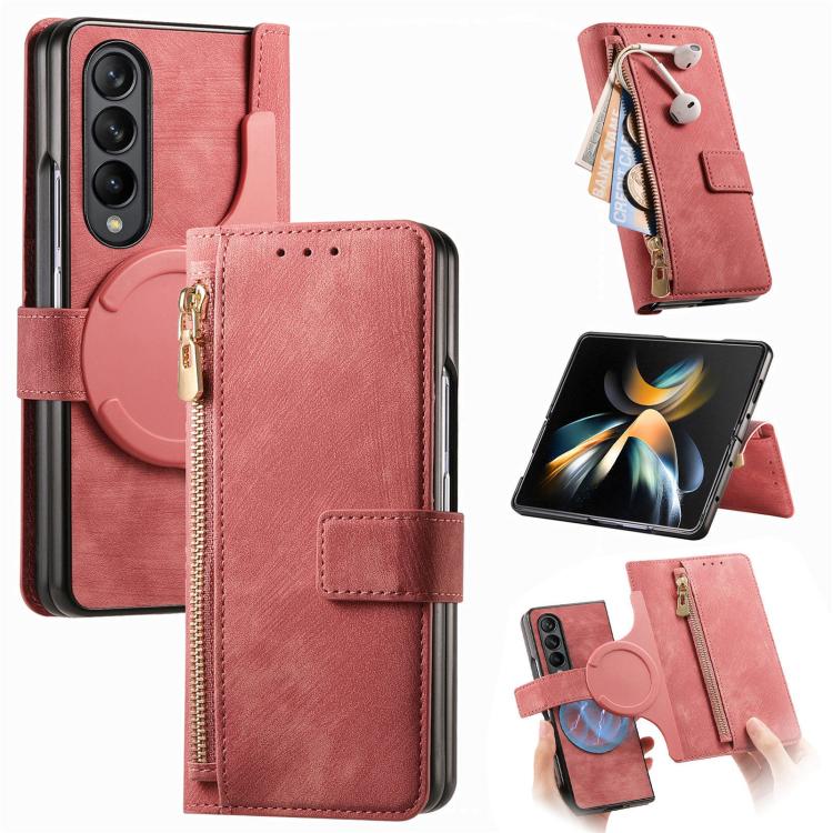 For Samsung Galaxy Z Fold4 Retro MagSafe Magnetic Zipper Wallet Leather Phone Case(Pink) - Galaxy Z Fold4 5G Cases by buy2fix | Online Shopping UK | buy2fix