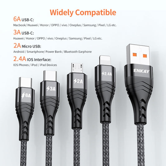 ENKAY 4-in-1 6A USB-A to Type-C / 8 Pin / Micro USB Multifunction Fast Charging Cable, Cable Length:1m(Black) by ENKAY