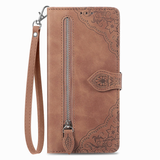 For Blackview A200 Pro Embossed Flower Zipper Leather Phone Case(Brown) by buy2fix