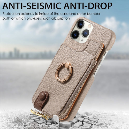For iPhone 11 Pro Max Litchi Leather Oil Edge Ring Zipper Wallet Back Phone Case(Khaki) - iPhone 11 Pro Max Cases by buy2fix | Online Shopping UK | buy2fix