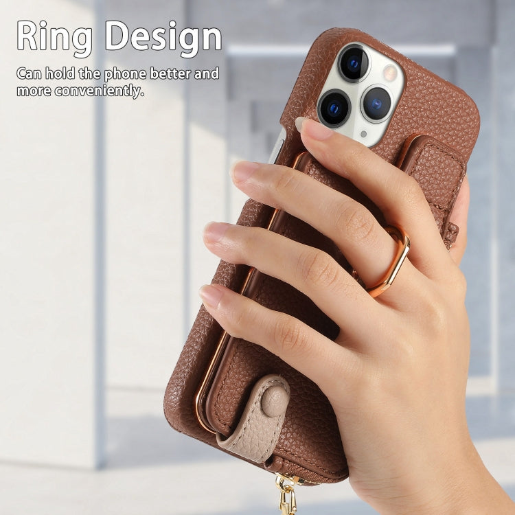 For iPhone 11 Pro Litchi Leather Oil Edge Ring Zipper Wallet Back Phone Case(Brown) - iPhone 11 Pro Cases by buy2fix | Online Shopping UK | buy2fix