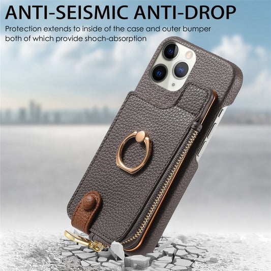 For iPhone 11 Pro Litchi Leather Oil Edge Ring Zipper Wallet Back Phone Case(Grey) - iPhone 11 Pro Cases by buy2fix | Online Shopping UK | buy2fix