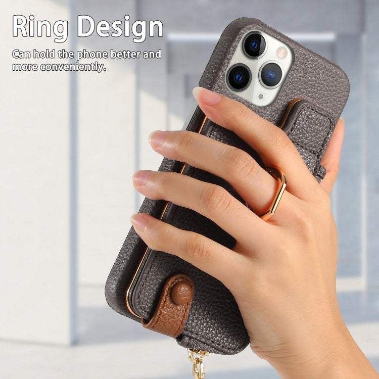 For iPhone 11 Pro Litchi Leather Oil Edge Ring Zipper Wallet Back Phone Case(Grey) - iPhone 11 Pro Cases by buy2fix | Online Shopping UK | buy2fix