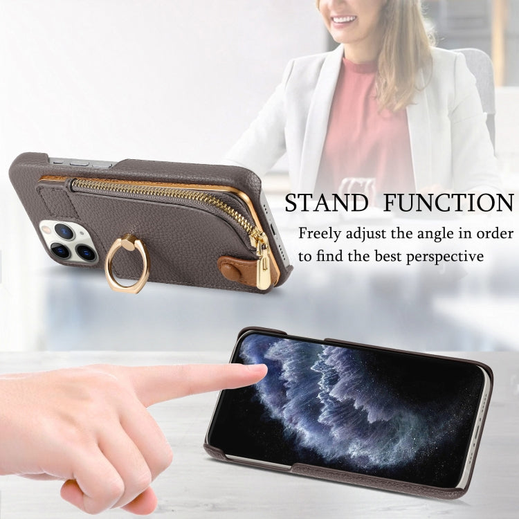 For iPhone 11 Pro Litchi Leather Oil Edge Ring Zipper Wallet Back Phone Case(Grey) - iPhone 11 Pro Cases by buy2fix | Online Shopping UK | buy2fix