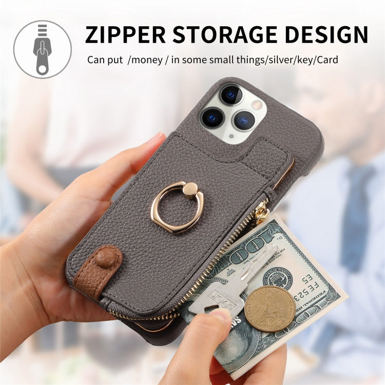 For iPhone 11 Pro Litchi Leather Oil Edge Ring Zipper Wallet Back Phone Case(Grey) - iPhone 11 Pro Cases by buy2fix | Online Shopping UK | buy2fix