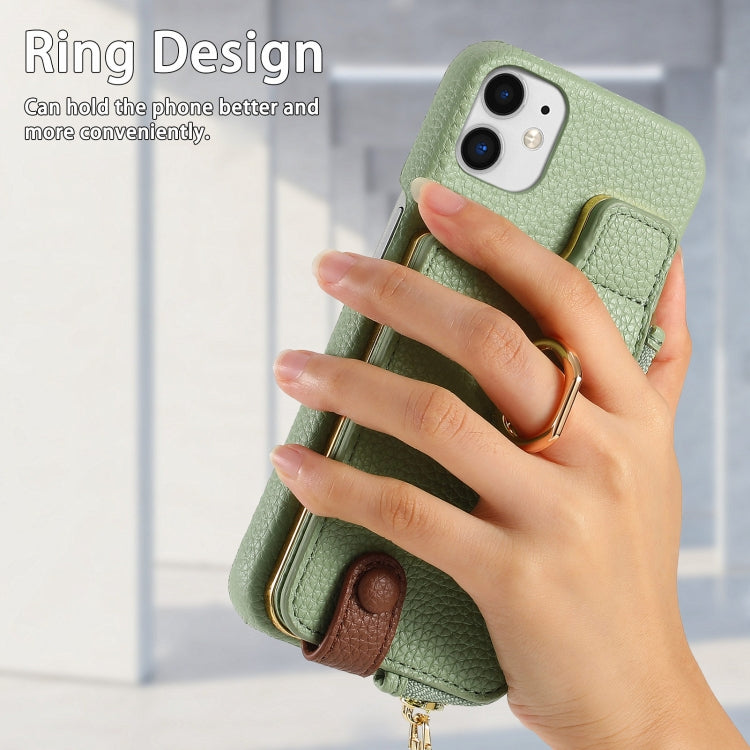 For iPhone 11 Litchi Leather Oil Edge Ring Zipper Wallet Back Phone Case(Tea Green) - iPhone 11 Cases by buy2fix | Online Shopping UK | buy2fix