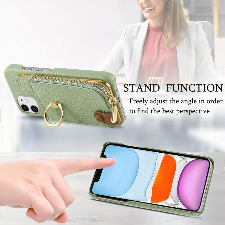 For iPhone 11 Litchi Leather Oil Edge Ring Zipper Wallet Back Phone Case(Tea Green) - iPhone 11 Cases by buy2fix | Online Shopping UK | buy2fix