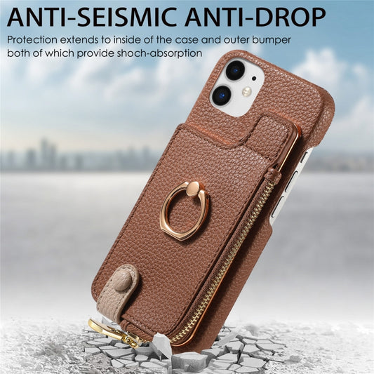 For iPhone 11 Litchi Leather Oil Edge Ring Zipper Wallet Back Phone Case(Brown) - iPhone 11 Cases by buy2fix | Online Shopping UK | buy2fix